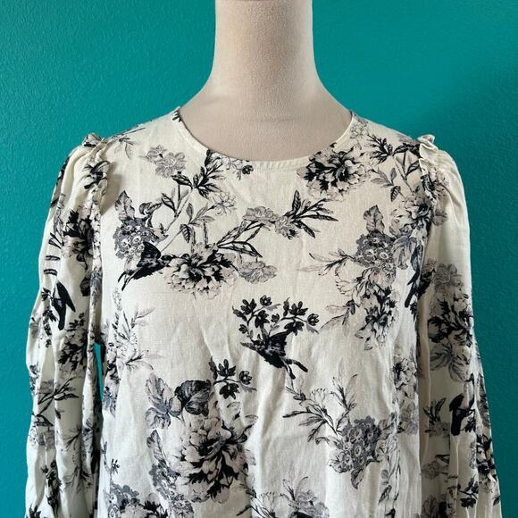 Who What Wear Cream Linen Blend Shift Long Sleeve Floral Midi Dress Size S - Picture 3 of 6